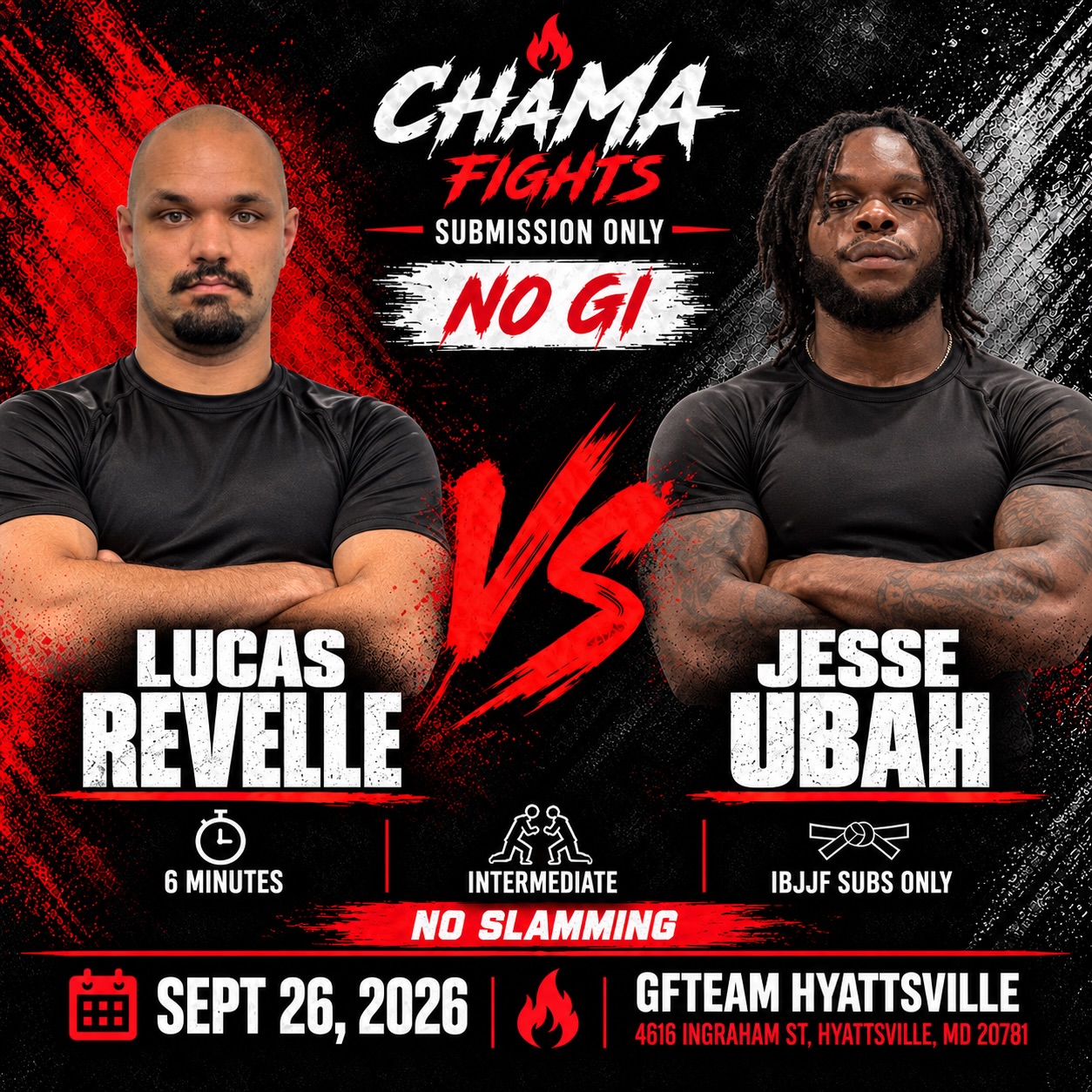 Chama Fights superfight poster: submission-only no-gi, September 26, 2026 at GFTeam Hyattsville