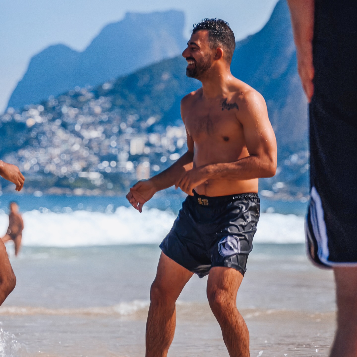 Deivid playing on a beach in Rio de Janeiro in Nebula shorts